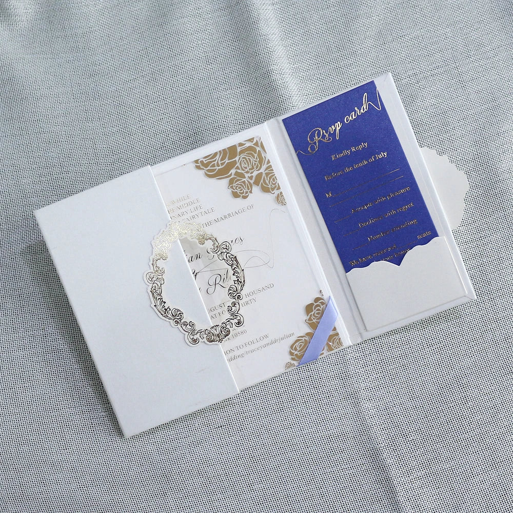 Unique Gatefold Hardcover Invitations Pocket Style Gold Foil Orchid Acrylic Wedding Card with Boxes Envelope