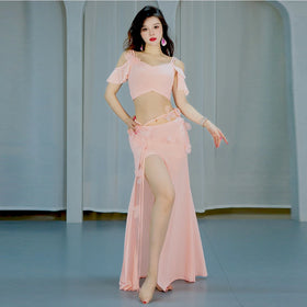 Sweet Candy Women's Performance Wear V-Neck Short Skirt Top Costume Set with Butterfly Drawstring Belt for Belly Dance Lessons