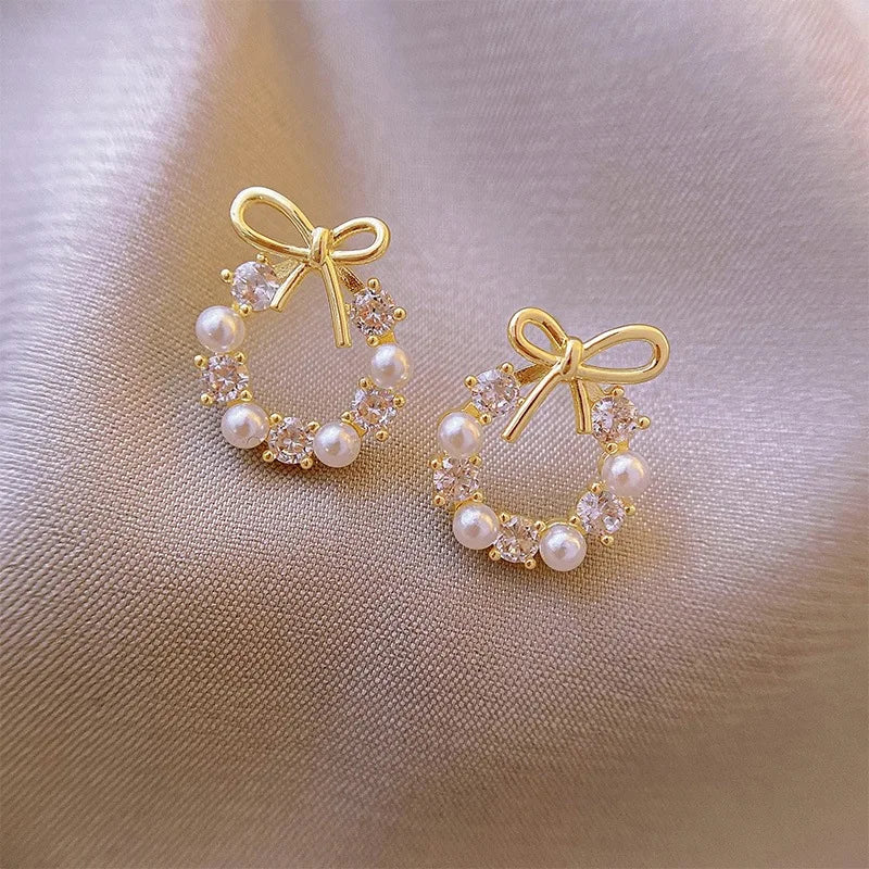 Exquisite S925 Silver Needle Bow Stud Earrings Diamond Stud Earrings for Women