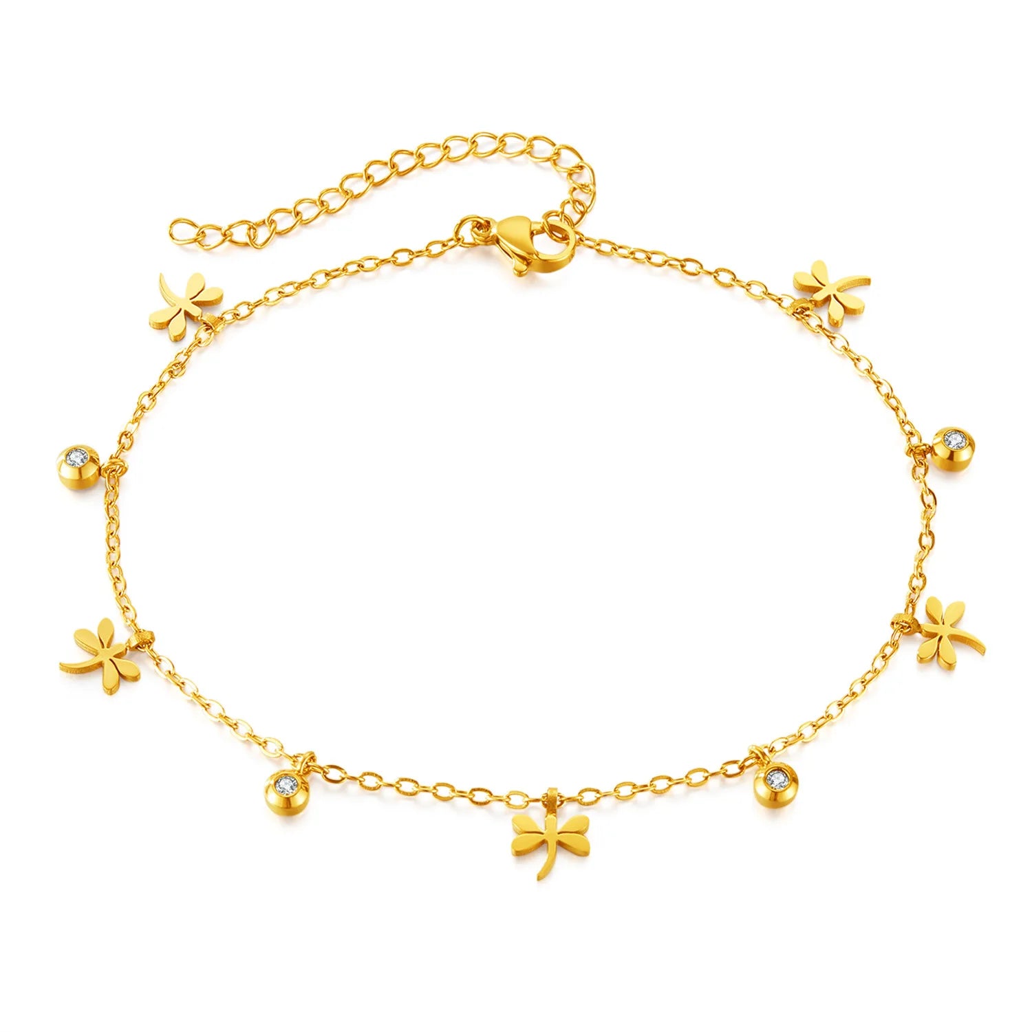 Wholesale 18K Gold Plated Stainless Steel Anklet Diamond Pendant Jewelry Dragonfly Charm Zircon Stone for Women's Party Wear