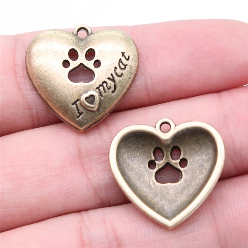 Cat Paw Heart Charm 22x21mm Antique Bronze Zinc Alloy Cutout for Cat Collar Decoration