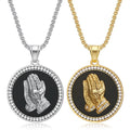 Fashion Jewelry Hip Hop Round Praying Hand Pendant Inlaid Zircon Wholesale Charms Gold Plated Chains for Men