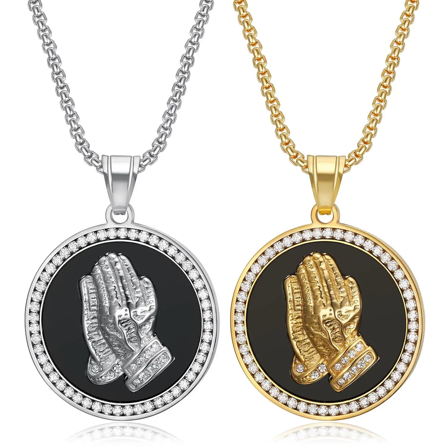 Fashion Jewelry Hip Hop Round Praying Hand Pendant Inlaid Zircon Wholesale Charms Gold Plated Chains for Men