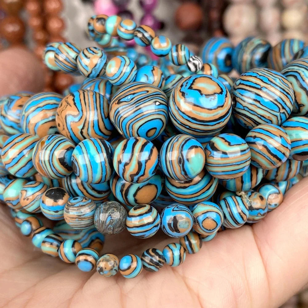 AsVrai U Natural Stone Beads  Blue Stipe Malachite Round Loose Beads for Jewelry Making DIY Bracelet Necklace