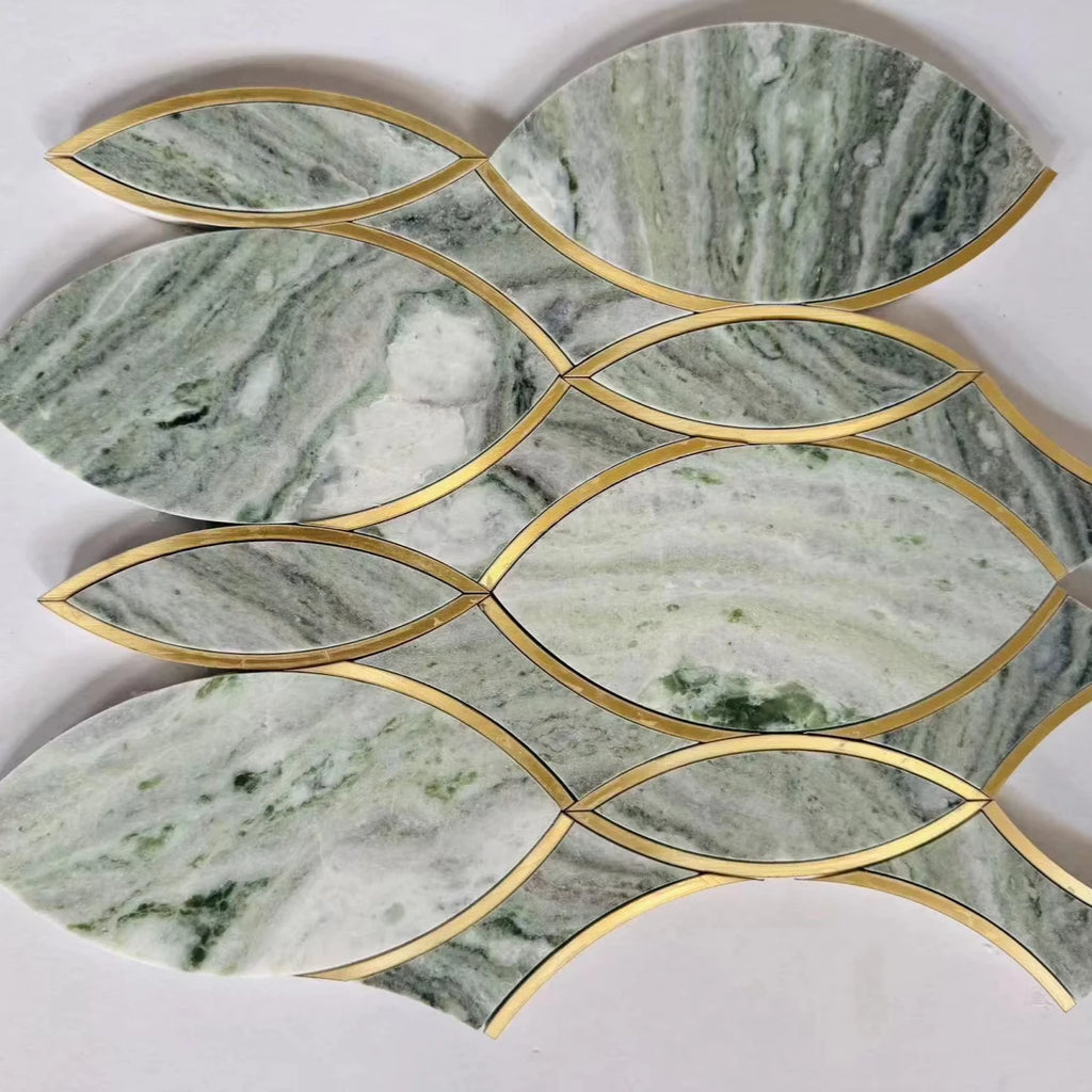 Modern White Marble Water Jet Mosaic Gold Metal Brass Inlay Parquet Design Tile 10mm Top Grade DTH Stone for Interior Wall