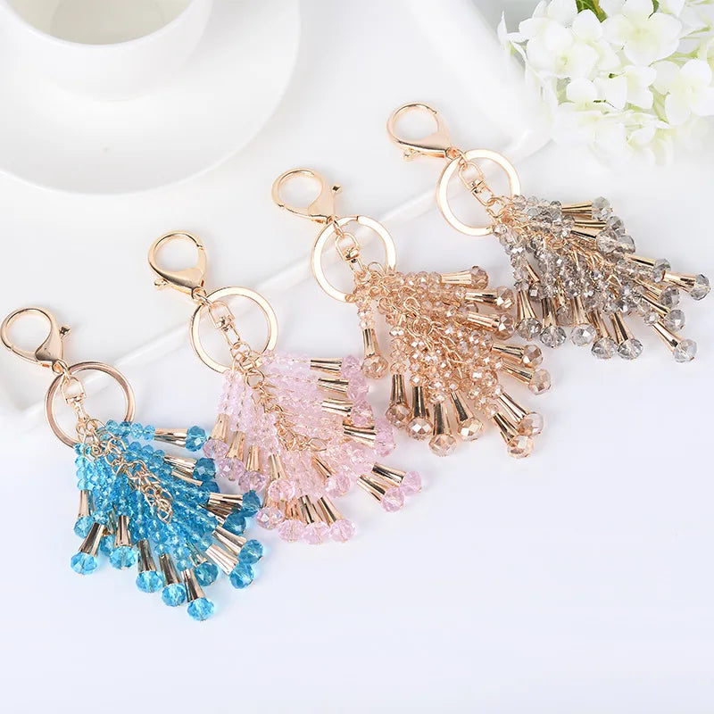 Delicate Gold Metal Crystal Beads Pendant Key Rings Colorful Crystal Tassel Beaded Keychain for Women