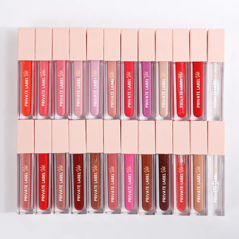Wholesale 24 Colors Non Sticky Private Label Moisture Glossy Matte Glitter Shimmer Vegan Cruelty Free Pink Glossy Lip Gloss