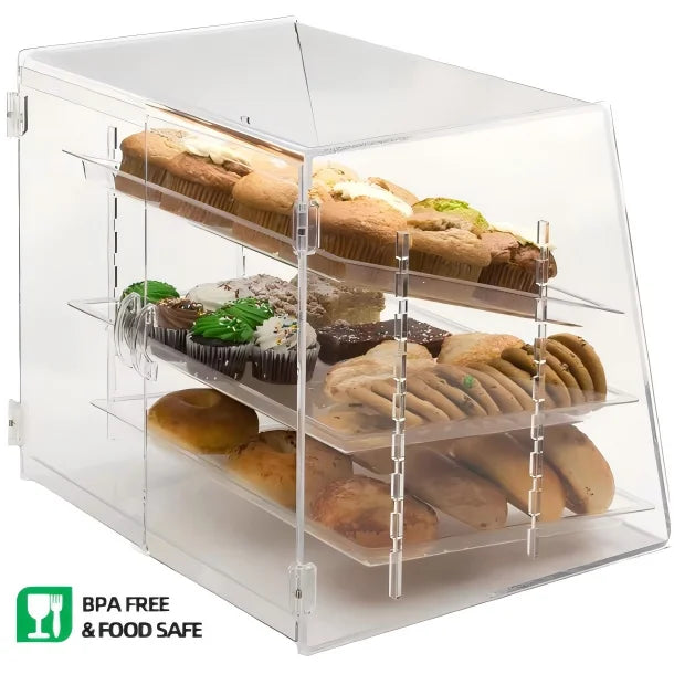 Custom Modern 3 Tray Acrylic Eco-Friendly Bakery Display Case Removable Trays UV Protection Easy Assembly Freestanding Display