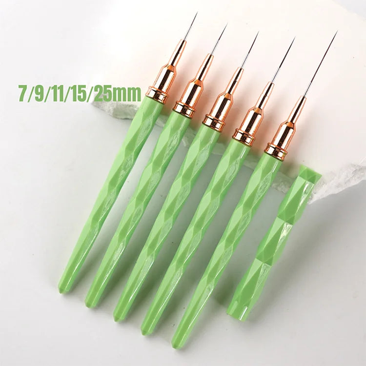 OEM Green Multiple Types Ultra-fine Thin Ultra Long Drawing DIY French Liner Pens Manicure Tool 5pcs Nail Art Brushes
