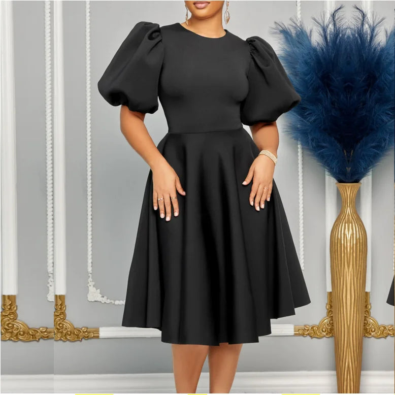 S-3XL Round Neck Bubble Sleeve Dress Waist up Grand Dress Short Sleeved Knee Length A-line Dress