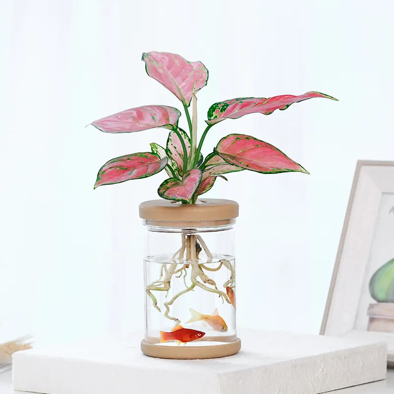 Transparent Hydroponic Flower Pot Modern Design Glass Soilless Planting Potted Green Resin Wooden Vase for Wedding