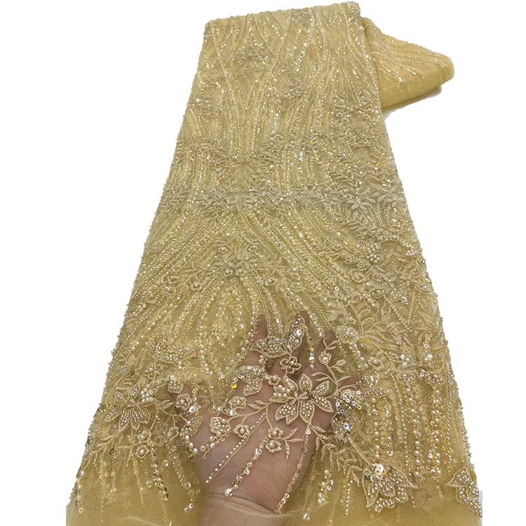 Guipure Lace Sequins Beads Embellished Fabric Tulle Lace Fabric for Wedding Veil