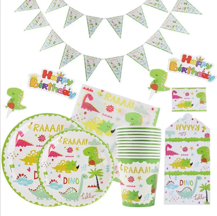 111pcs/set Cartoon dinosaur-themed children's birthday party banner paper cup paper tray tableware tablecloth set party supplies