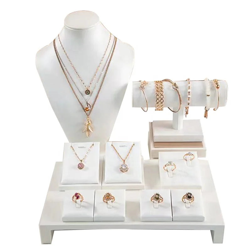 PU Leather White Jewelry Display Set Ring Earring Necklace Showcase Stands for Shops
