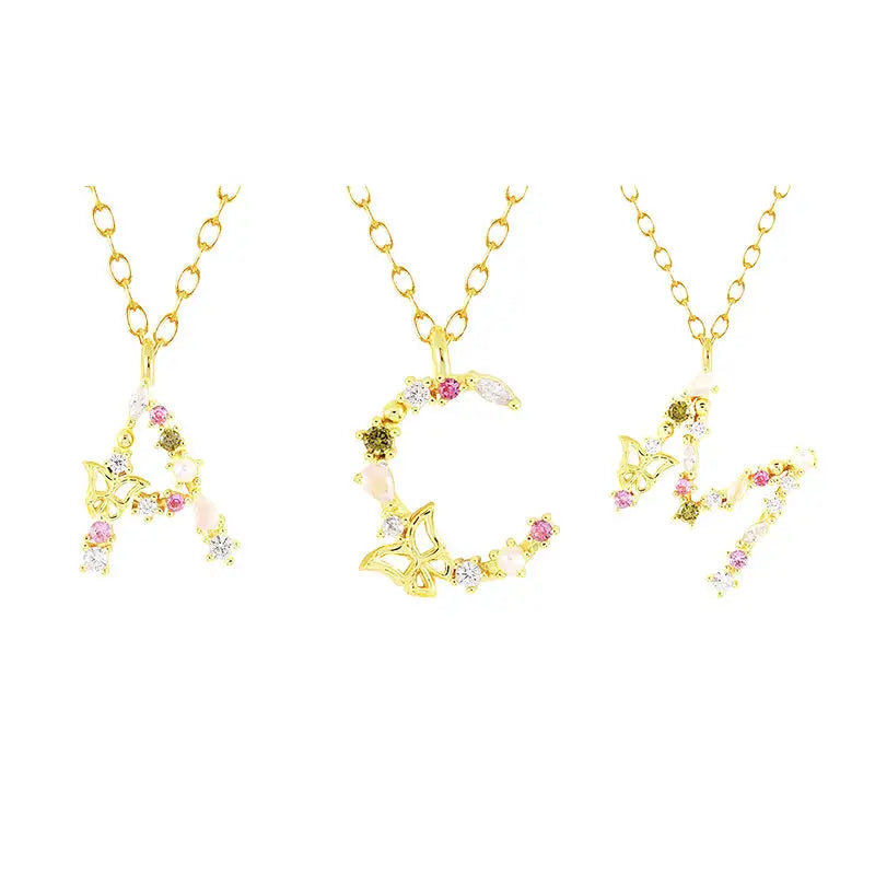 925 Sterling Silver butterfly Necklace Colorful Diamond Letter Gold Plated Chain Necklaces for Women Girls Children