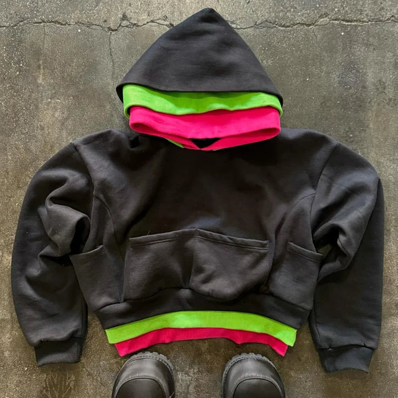 Custom Color Block Three Layered Cut and Sew 500GSM Heavy Cotton Oversized Plain Blank Heavyweight Double Layer Hoodies for Men