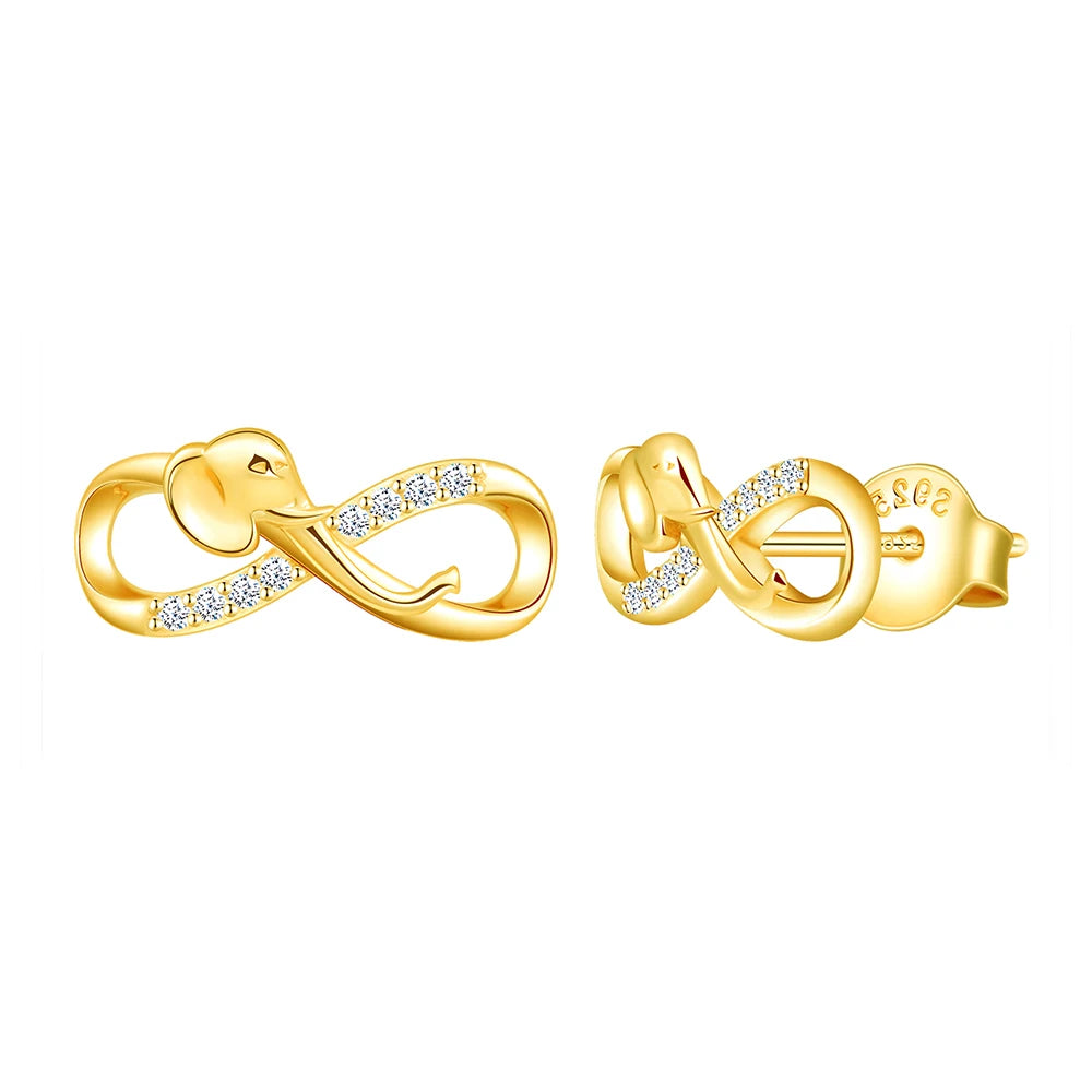 2025 S925 Silver Cubic Zirconia Stud Earrings Trendy Infinity Symbol Elephant Design for Party or Gift