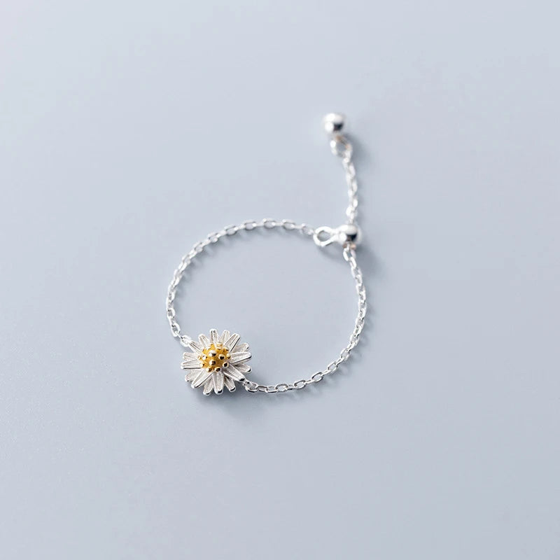 Solid 925 Sterling Silver Daisy Flower Adjustable Chain Ring for Women New 2022
