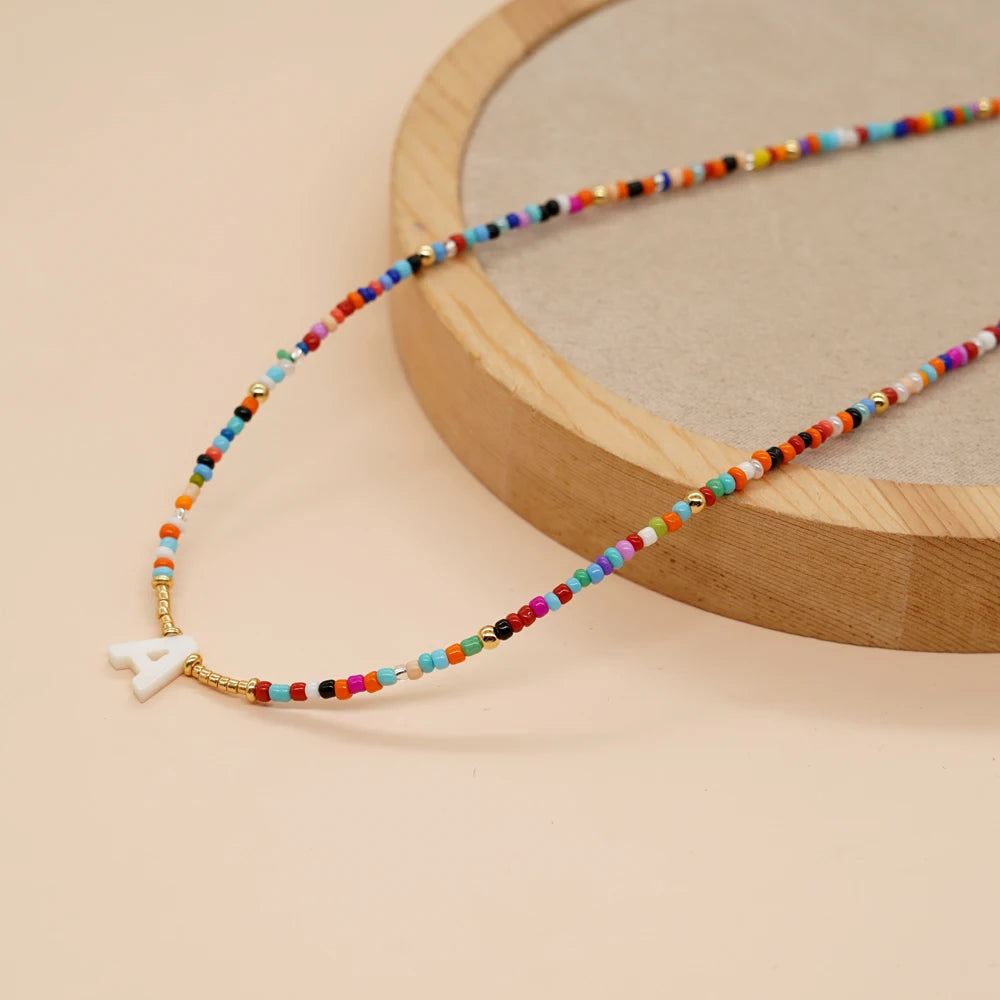 Go2boho Handmade Necklace With Colorful Gold Bead Pearl Shell Letter a Mix Color Seed Bead With Lobster Clasp for Wedding Gift