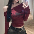 RNSHANGER Women Long Sleeve Y2K Gothic T Shirts Off Shoulder Spring Streetwear Hip Hop Tee Tops Punk Casual T-shirt for Female