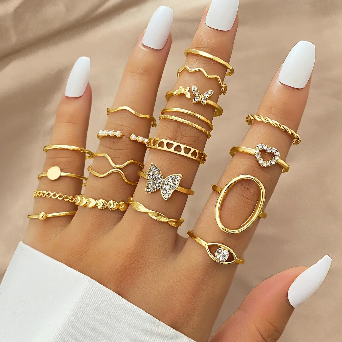 19pcs/set Rhinestone Butterfly Zircon Pearl Heart Ring Set for Women Jewelry