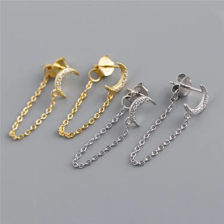 SP Dainty Long Tassel Chain Style High Quality S925 Sterling Silver Zircon Moon Stud Earrings