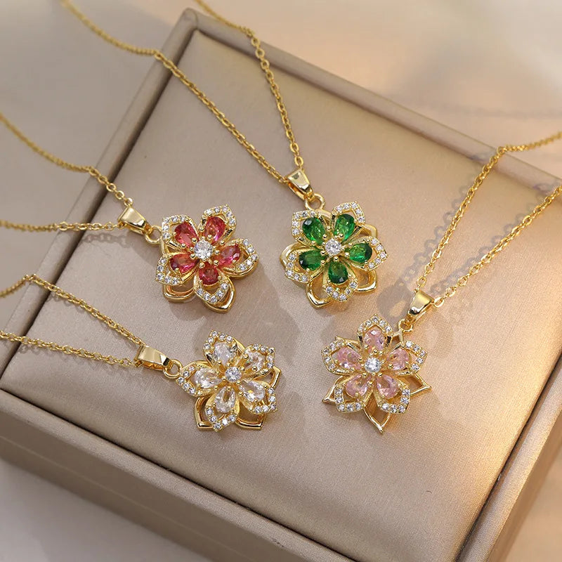 Minimalist Spinner Fidget Necklace Stainless Steel Necklace Zircon Flower Rotatable Necklace for Women