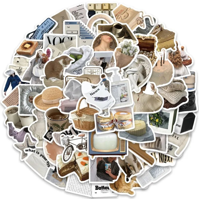 Hot Sale 63pcs Vintage Vinyl Waterproof Stickersfor Scrapbook Journal Laptop Water Bottles Girls Kids Teens Adults