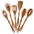 High Density Acacia Wood Spoons Set 6 Piece Non Stick Premium Material Streamlined Design Hanging Convenie0nce Sturdy Kitchen