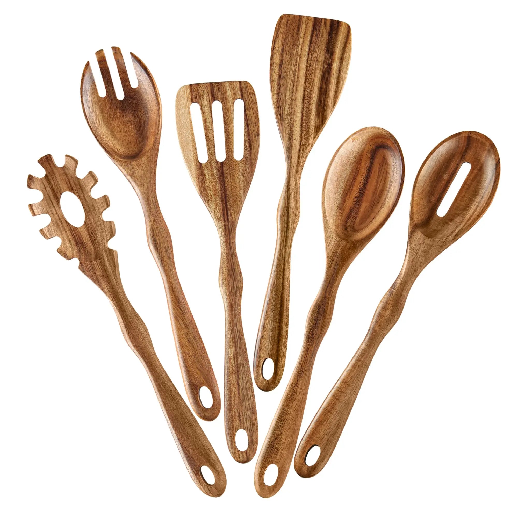 High Density Acacia Wood Spoons Set 6 Piece Non Stick Premium Material Streamlined Design Hanging Convenie0nce Sturdy Kitchen