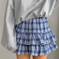 Enyami Women's Plaid Blue Streetwear Autumn Women's Short A-Line Women Check Cotton Flared Mini Skater Skirt Ruffle Skirt
