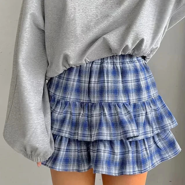 Enyami Women's Plaid Blue Streetwear Autumn Women's Short A-Line Women Check Cotton Flared Mini Skater Skirt Ruffle Skirt