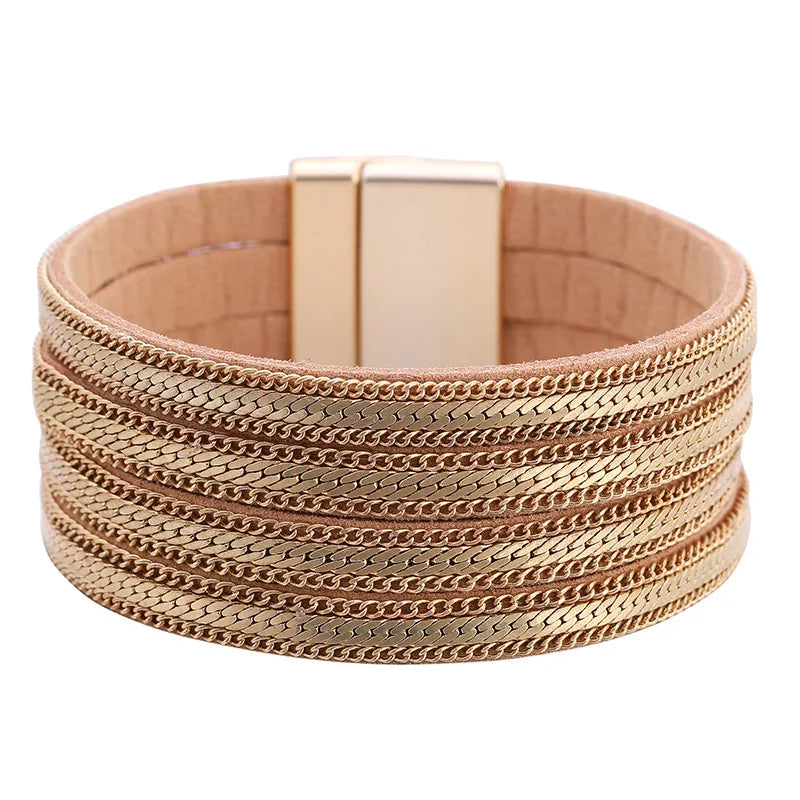 DHJ00170 Fashion Multi Layer Leather Bracelet With Chains Women Magnetic Buckle PU Leather Bracelet