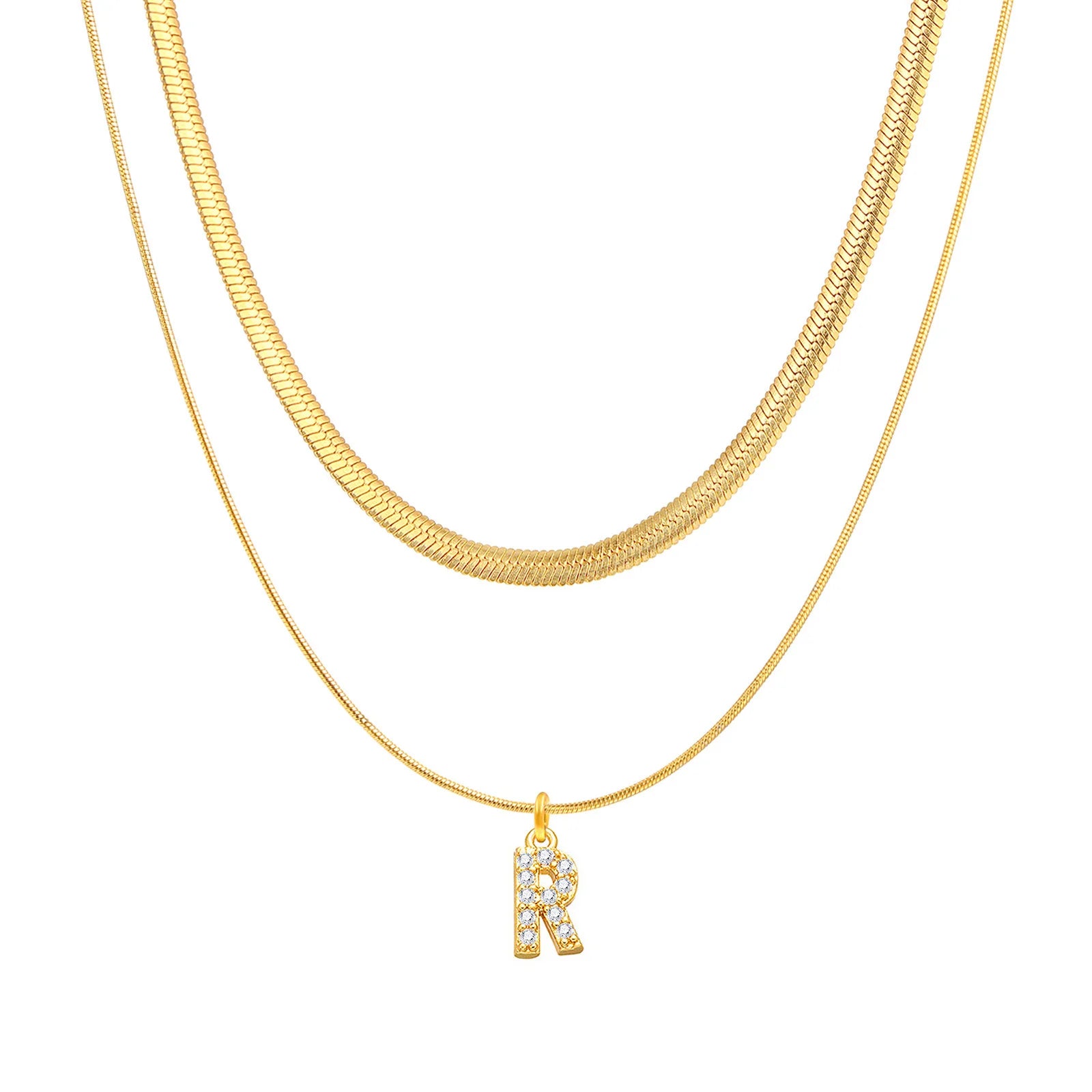 Joolim 18K Gold Plated Herringbone Snake Chain Double-layer Zirconia Alphabet Pendant Necklace Stainless Steel Jewelry Wholesale