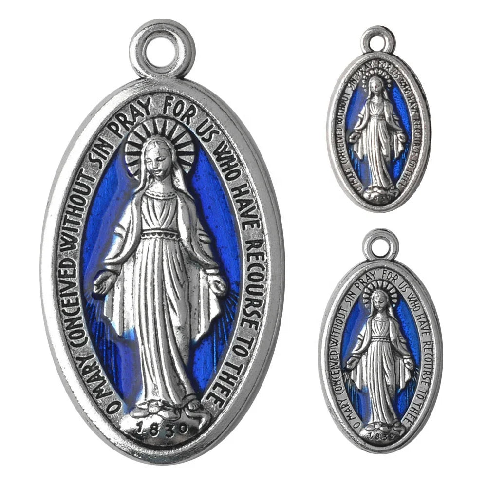 Virgin Mary Medal Blue Silver Medal 24*13mm Alloy Pendant Catholic Religious Charm Accessory