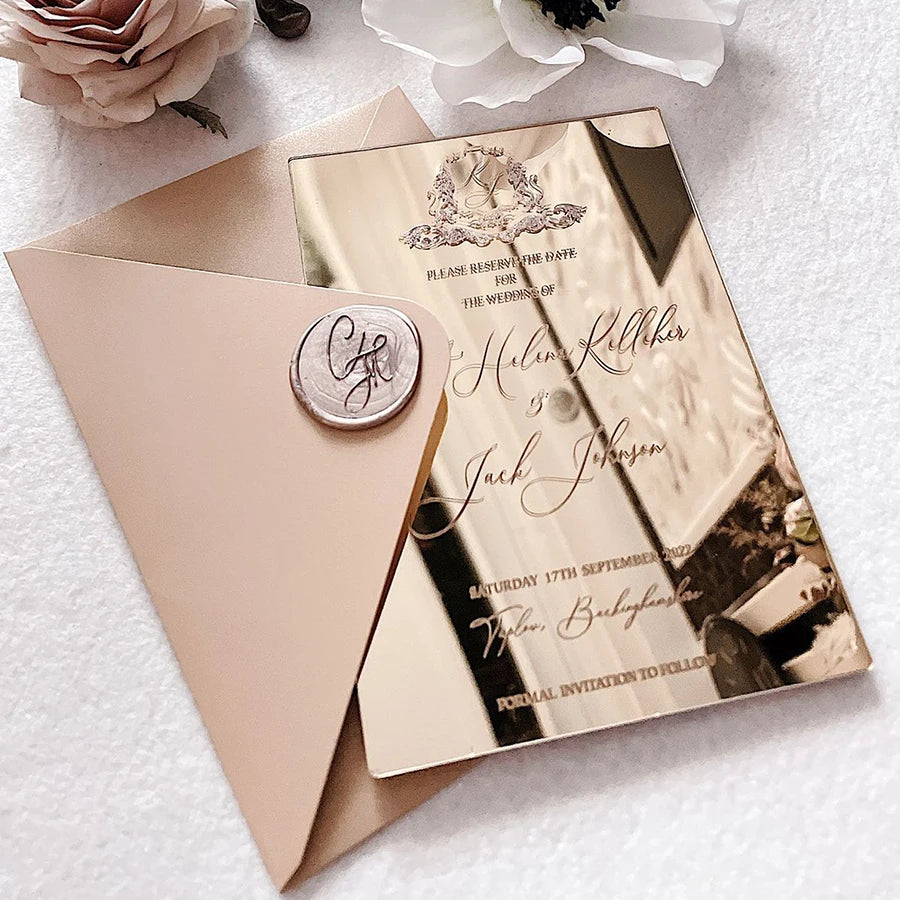 Elegant Etched Printing Rose Gold Mirror Silver Mirror Engraving Wedding Invitation Card with Envelope and Wax Seal Sticker