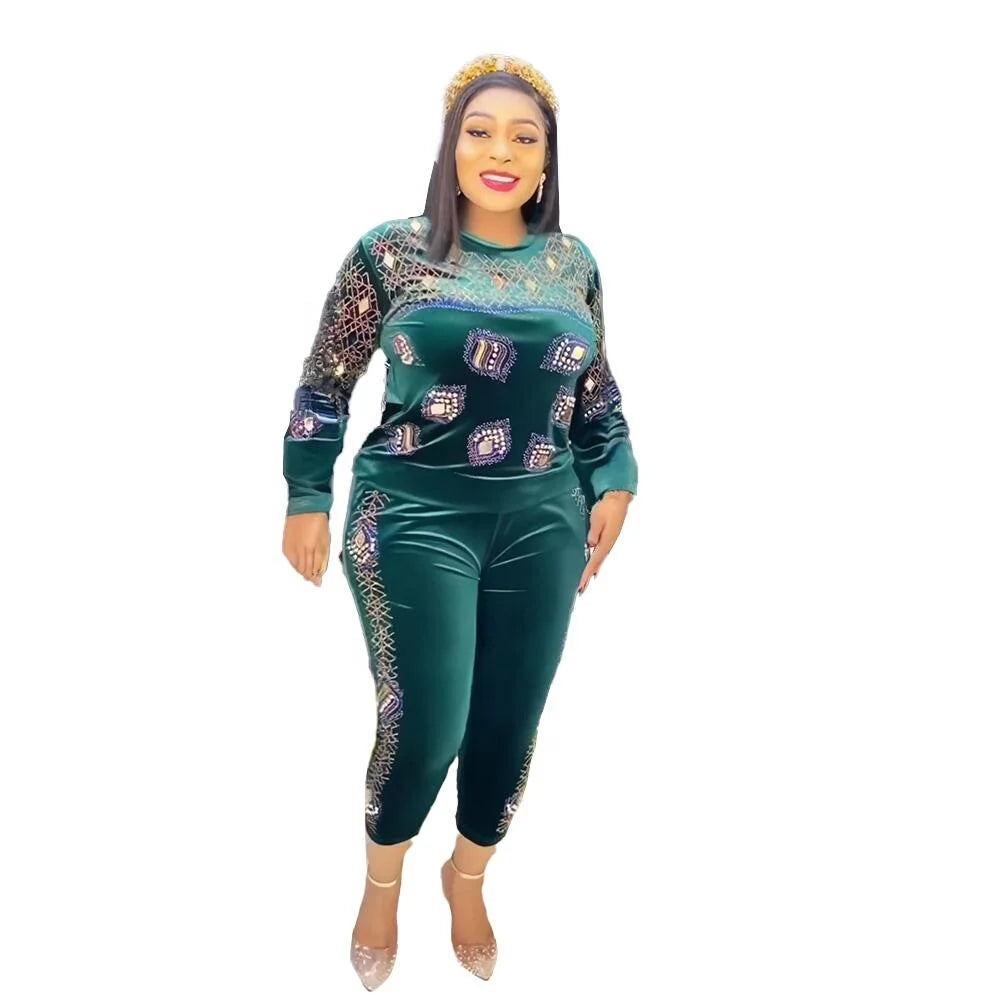 Stretch Velvet Suit African Dress for Women Pleuche Bazin African Clothing Rhinestone Wholesale Ethnic Clothing