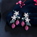 Elegant Two Tone Designer Flower Leaf Water Drop Green Red Cubic Zirconia Crystal Long Dangle Party Earrings for Women