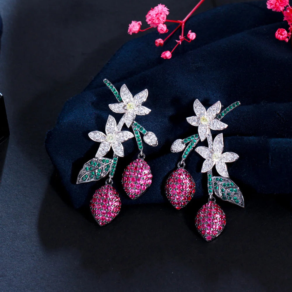 Elegant Two Tone Designer Flower Leaf Water Drop Green Red Cubic Zirconia Crystal Long Dangle Party Earrings for Women