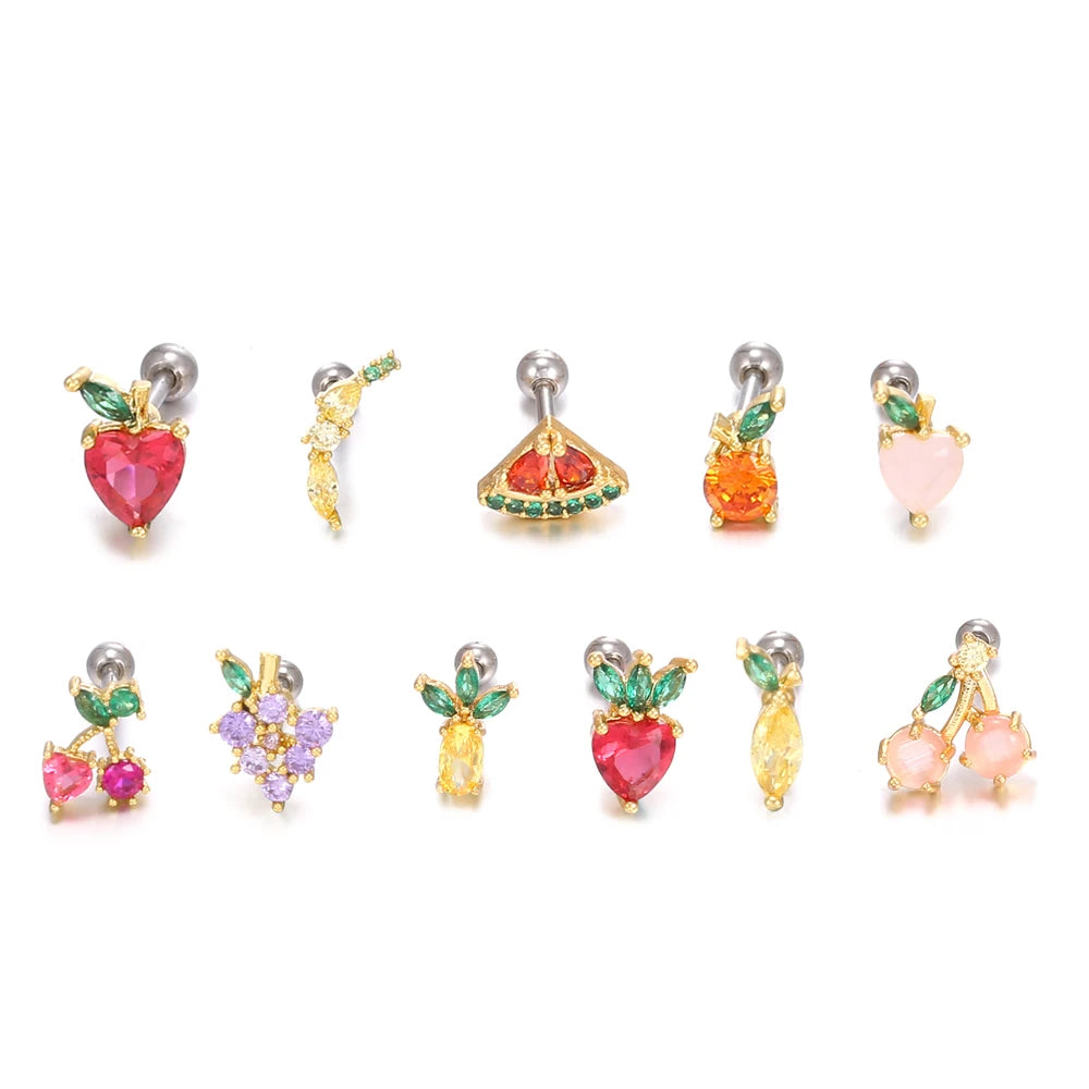 Zuola Fashion Piercing Jewelry Stud Earrings Colorful Zircon Watermelon Shaped Ear Cartilage Helix Back Gold Plated Titanium