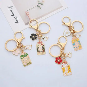 Cute Rabbit Keychain Good Luck Sakura Metal Enamel Key Chains Anime Animal Keyring Fengshui Bag Charm Pendant Japanese Keychains