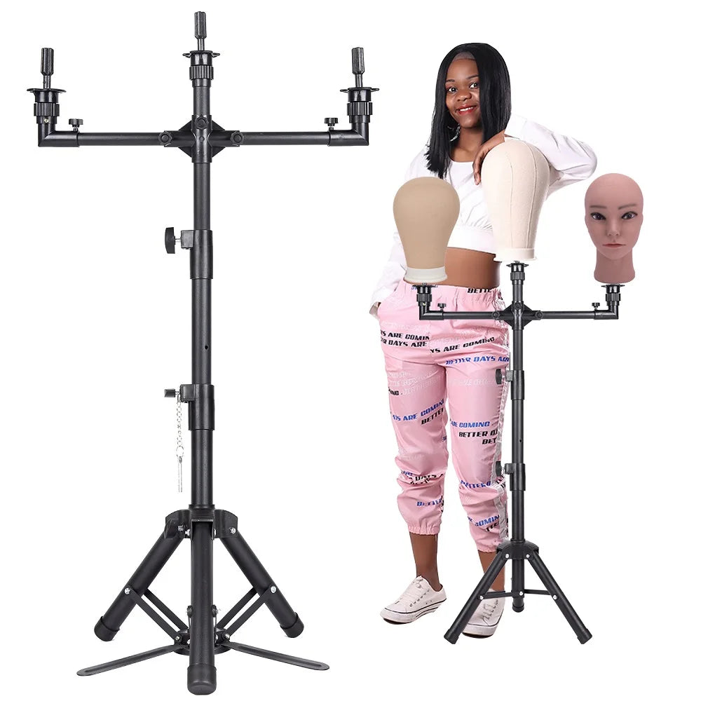 Wholesale Portable Telescopic Metal Canvas Head Holder Wig Stand Black Color Mannequin Head Tripod for Making Wigs