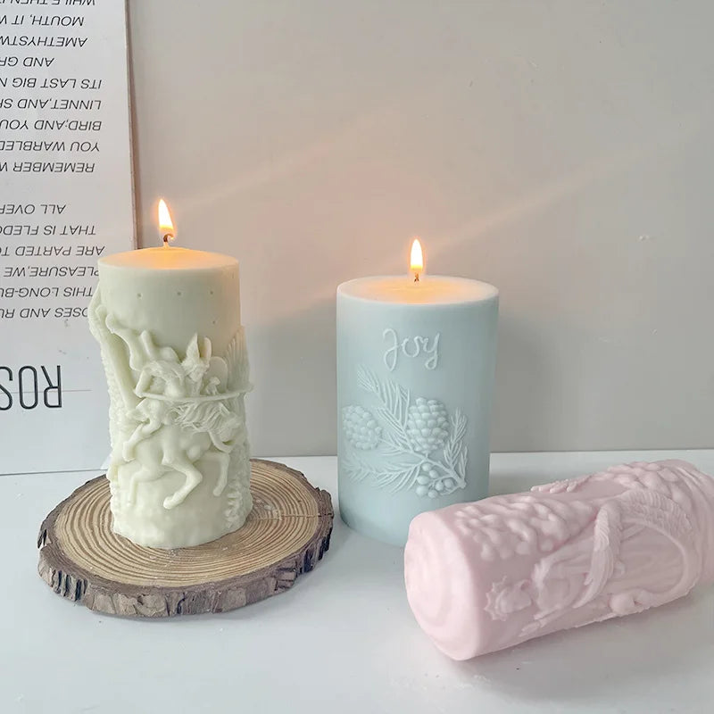 New Ins 3d European Carved Cylinder Scented Candle Mold Embossed Pillar Art Aromatherapy Soap Silicone Mold for Home Decor