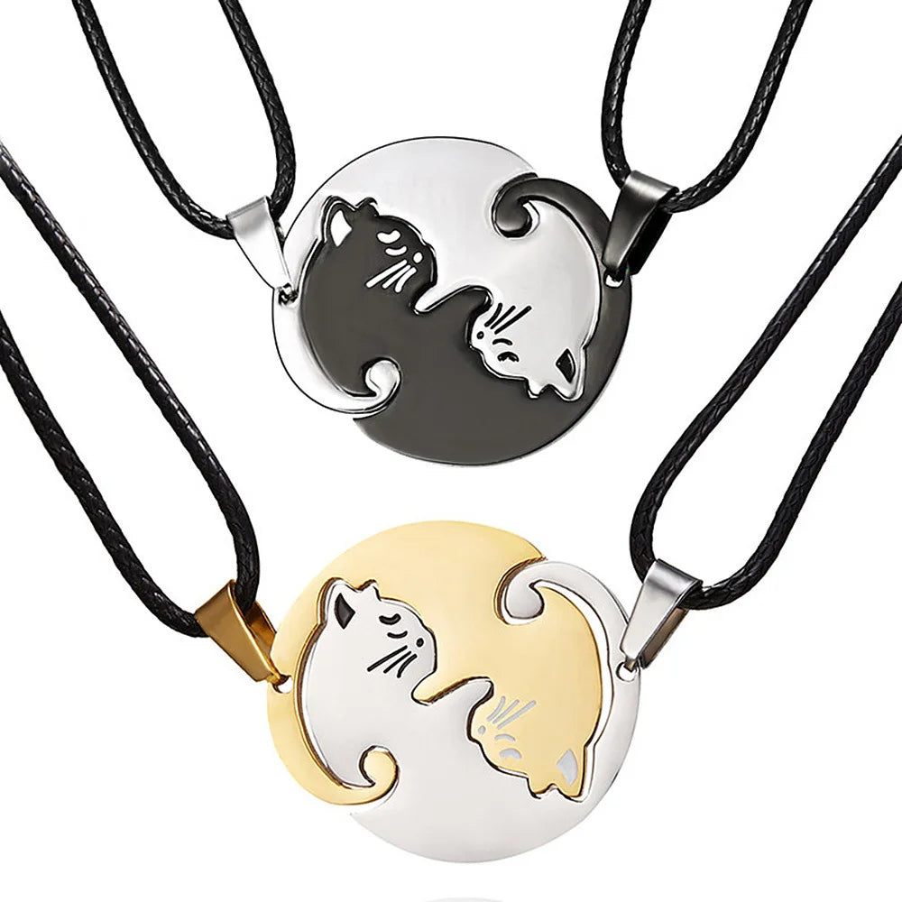 Jachon Stainless Steel Cat Pendant Couple Matching Friendship Necklace Fashion Best Friends With PU Chain Jewelry Choker
