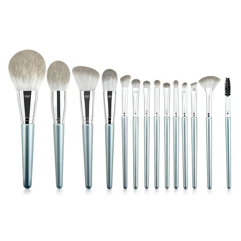 High Quality Professional 14PCS Silver Fan Brush Makeup Brush Set Synthetic Hair Face Eyeshadow Concealer Foundation Custom
