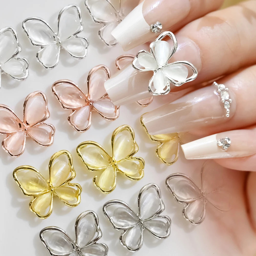 10Pcs 13*14mm 3D Crystal Cat Eye Butterfly Nail Art Charms Rose Gold/Silver/Gray Rhinestones Alloy Jewelry Nail Part Accessories