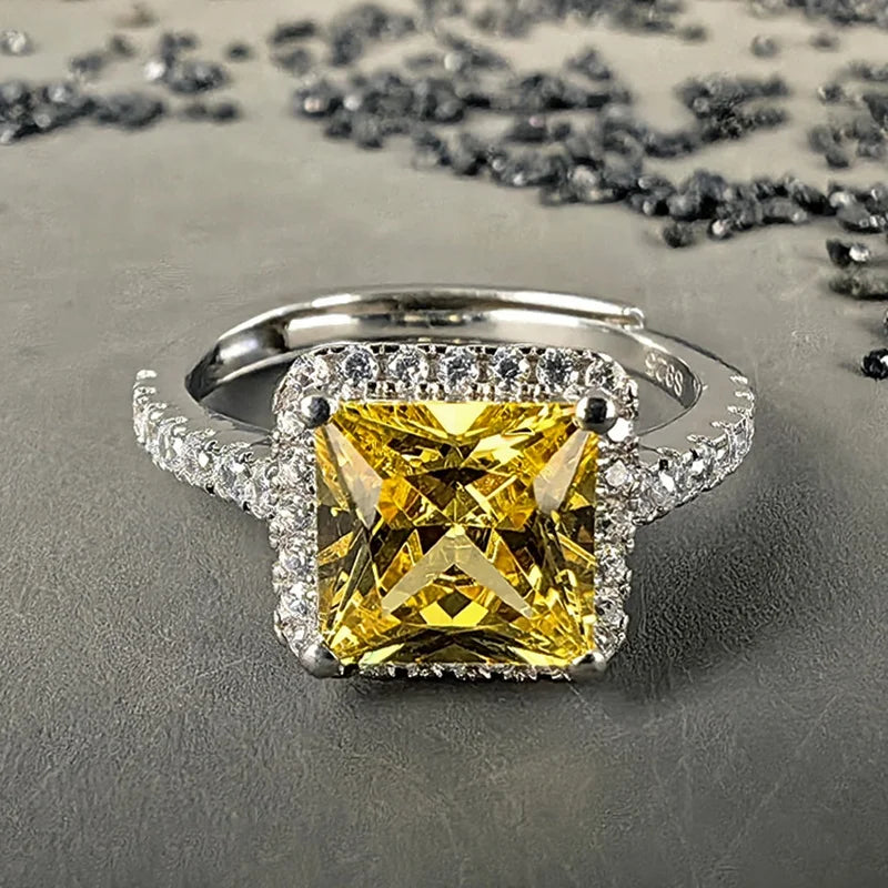 Factory Wholesale Fine Jewelry Glam Rhodium Plated 925 Sterling Silver Princess Citrine Cluster Ring for Women Anniverasay Gift