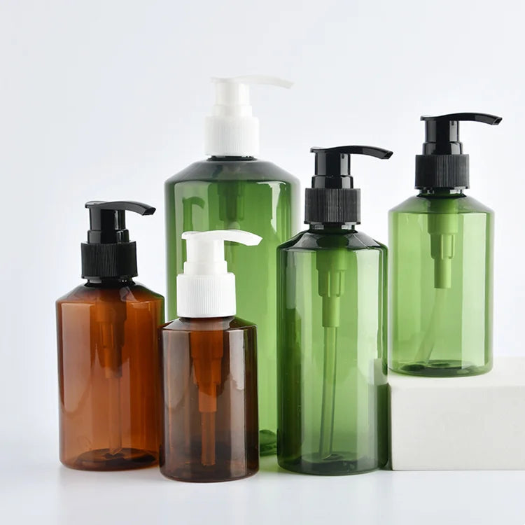 Empty Hair Care Storage Container 200ml 500ml PET Slant Shoulder Brown Green Shampoo Plastic Pump Bottle
