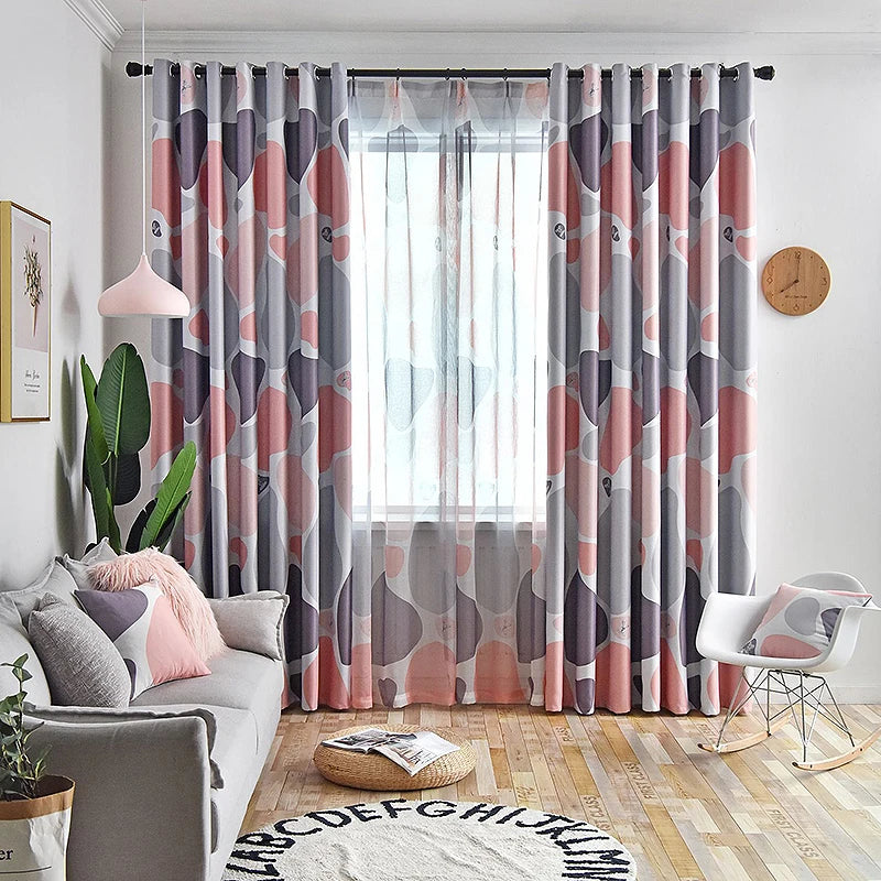 Hot Selling Polyester Geometric Printed Curtains Living Room Bedroom Home Decoration Blackout Window Pink Curtains