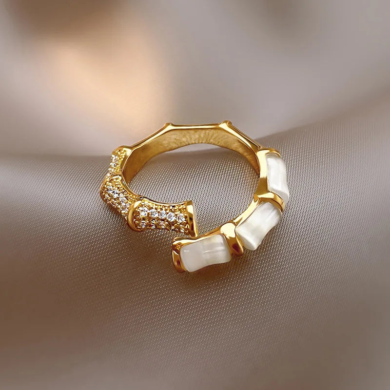 Trend Fashion Ring Set Opening Adjustable Rings Korean Fashion Jewelry Gold Color New Design Opals Bamboo Shape Rings